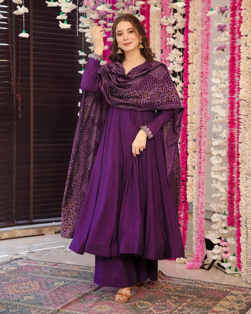 Regal Chinon Anarkali Suit with Digital Bandhani Dupatta - Front View