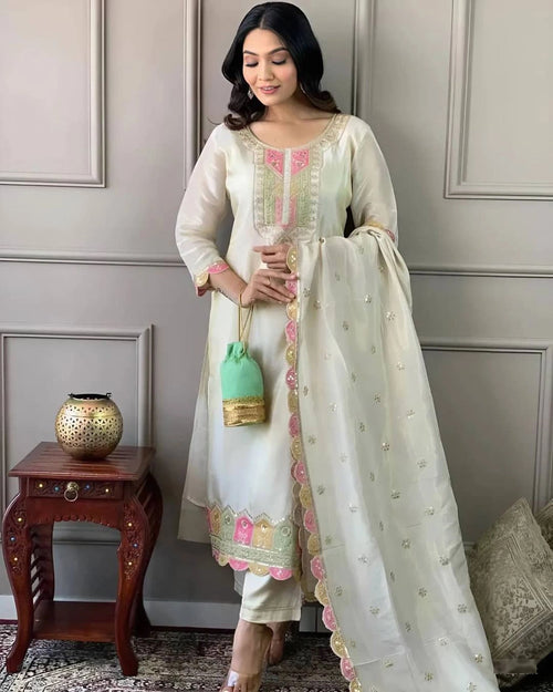Ivory Roman Silk Suit Set with Scalloped Pink Embroidery - Front View