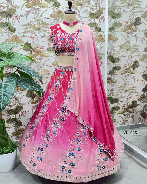 Pink Ombré Chinon Embroidery Lehenga for Festive Wear