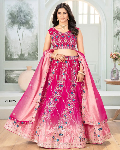 Pink Ombré Chinon Embroidery Lehenga for Festive Wear - Front View