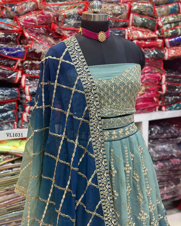 Close-up of zari and sequin embroiderylehenga from Vastrangam