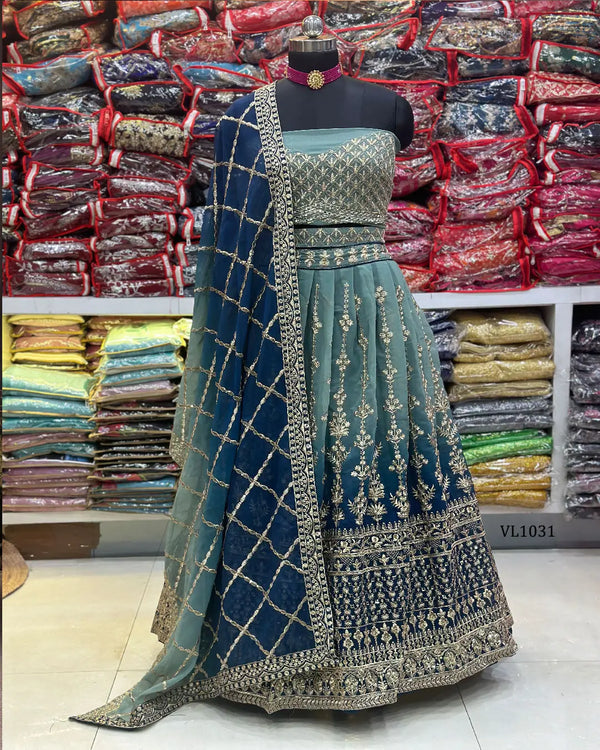 Teal Blue Embroidered Faux Georgette 2D Lehenga Choli