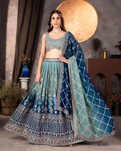 Teal blue embroidered lehenga choli with dual-tone faux georgette lehenga choli for wedding and sangeet by Vastrangam