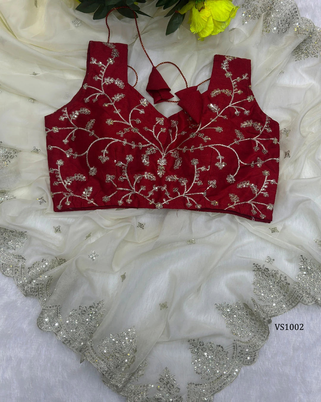 Elegant Organza Sequin Saree with Contrast Blouse for Parties