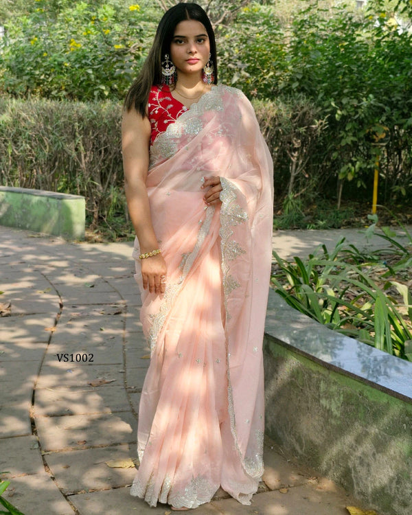 Elegant Organza Sequin Saree with Contrast Blouse for Parties