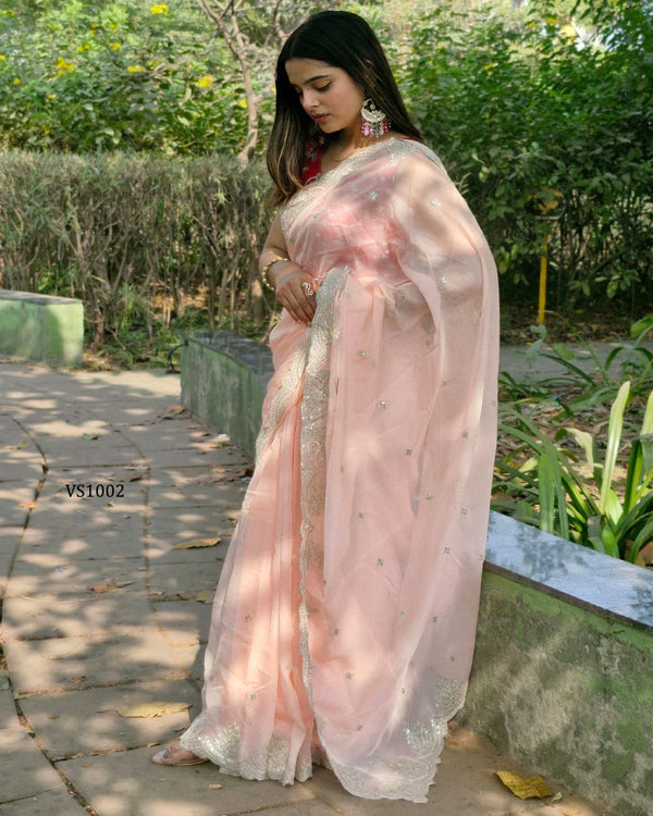 Elegant Organza Sequin Saree with Contrast Blouse for Parties