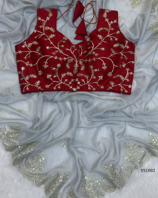 Elegant Organza Sequin Saree with Contrast Blouse for Parties