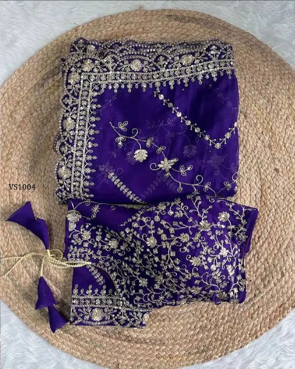 Royal Purple Tabby Organza Silk Sequin Saree for Party