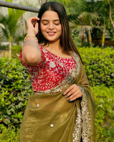 Designer Floral Zari Work Blouse & Sheer Lurex Saree for Festive Occasions
