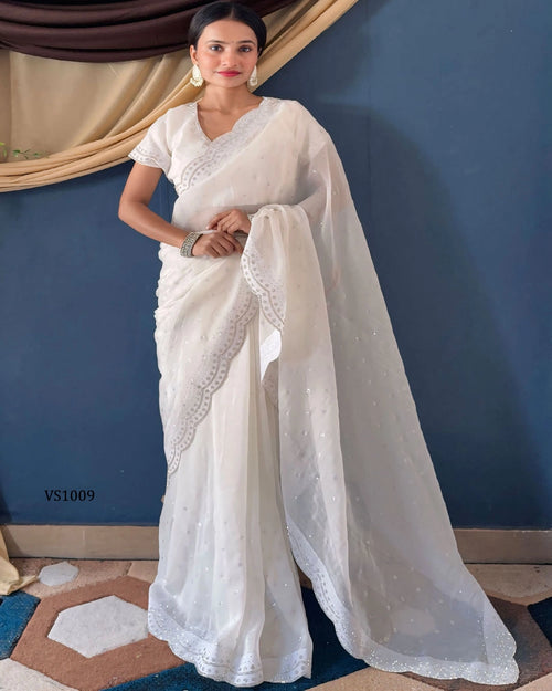 Pearl White Crunchy Saree with Scalloped Zarkhan Saree - Front View