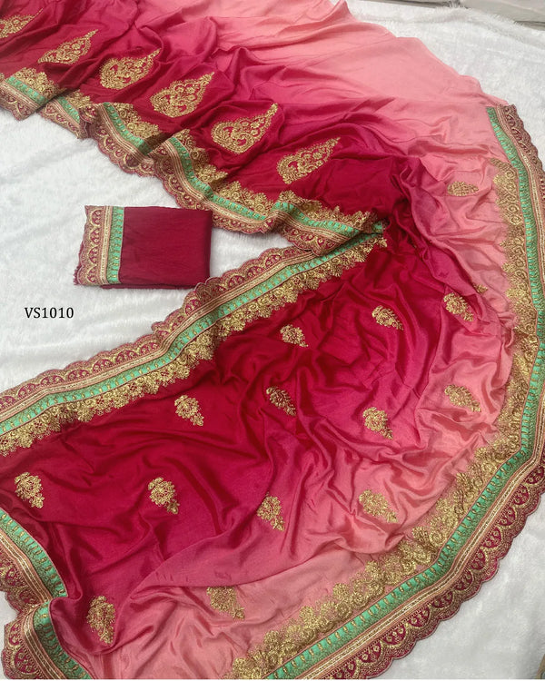 Royal Chinon Silk Embroidered Saree with Heavy Codding Border