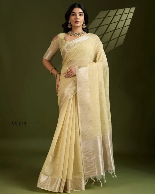 Soft Tissue Linen Silk Saree with Gota-Patti Checks - Front View
