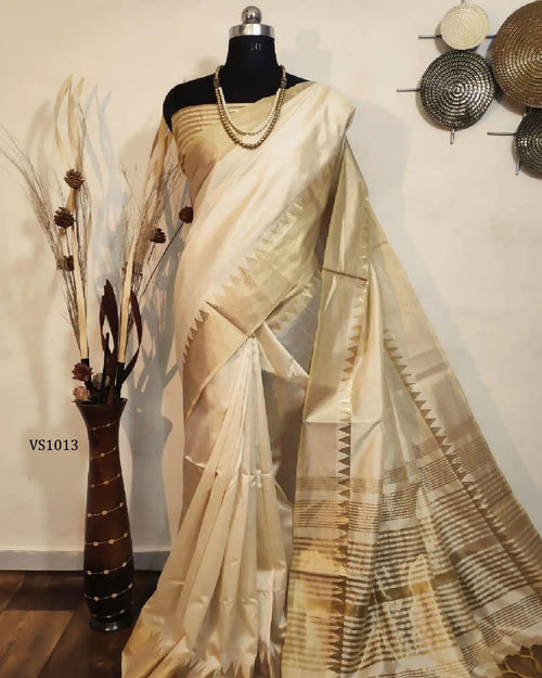 Gold Zari Woven Assam Silk Saree with Geometric Temple - Front View