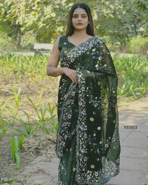 Radiant Emerald Sheer Barbari Silk Saree – Party & Festive Glamour