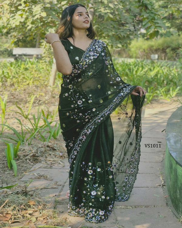 Radiant Emerald Sheer Barbari Silk Saree – Party & Festive Glamour